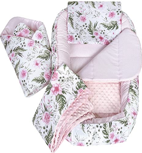 Medi Partners Babynest Nestchen Baby Set für Neugeborene - 100x60x15 Kuschelnest 5 teilig tragbar Nest zweiseitig Babynestchen Bett 100% Baumwolle (Blument mit Hellrosa Minky)