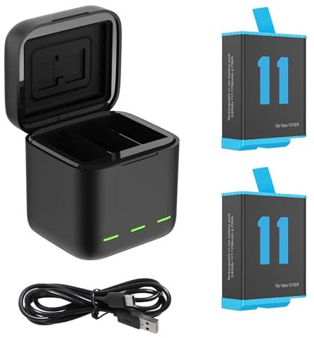 2er Pack Ersatzakkus mit Ladegerät für GoPro 12/11/10/9, 3-Kanal Akku-Ladebox mit 2 wiederaufladbaren Lithium-Ionen-Akkus+Typ C Kabel für GoPro Hero 11 10 9 Schwarz
