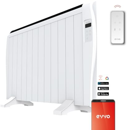 Radiador Emisor Térmico EVVO C12 Blanco, 2000W, hasta 26m2, Instalación Suelo o Pared, Control por Voz, Google Home Alexa,12 elementos, Bloqueo infantil, Wifi, Control remoto,Temporizador