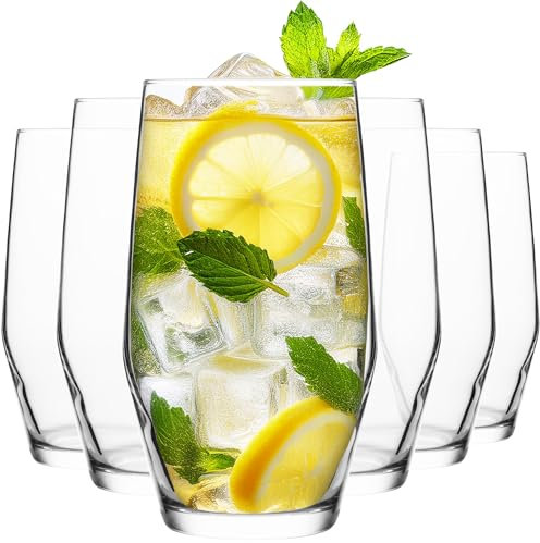 Homiu Highball Drinking Tumbler Glasses | Set of 6 | 495ML | Crystal Clear Tall High Ball Glasses | Water Gin Cocktail Juice | Drinking Glassware | Napoli Collection | Dishwasher Safe