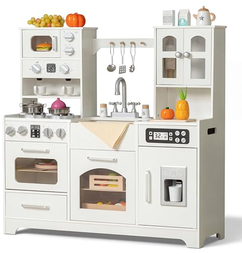Wooden Play Kitchen for Toddlers and Kids with Lights & Sounds, Large Interactive Pretend Play Set with Ice Maker, Stove, Sink, Oven, 12 Accessories - Ages 3-8