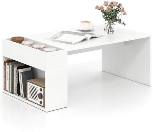 COSTWAY Coffee Table, Wooden Rectangle Cocktail Center Table with Storage Shelf and Compartment, Modern Accent Sofa Side Tea Table for Living Room Bedroom Office, 85x50x34cm (White)
