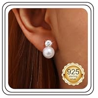 JeweBella Pendientes de Plata de Ley 925 Mujer Colgantes de Perla y Zirconia, Pendientes Perla Hipoalergénicos para Boda Novia Dama de Honor 6/8/10/12MM Oro/Plata