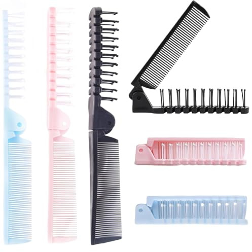Lot de 3 brosses à cheveux pliables et peignes en plastique - Portable - Pour voyage - Double tête - Massage - Pour cheveux épais et fins - Noir - Bleu - Rose