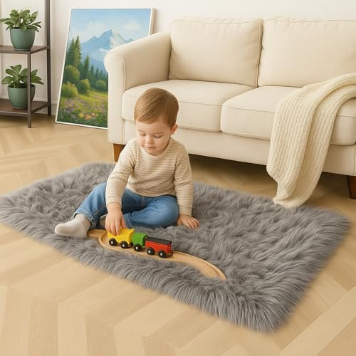 Mishukaze Plush Faux Sheepskin Rug-Ultra Soft Fluffy Bedside Carpet,Machine Washable Anti Slip Floor Mat,Silky Shag Area Rug for Bedroom,Living Room & Kids Room Decor（Gray 60x110）