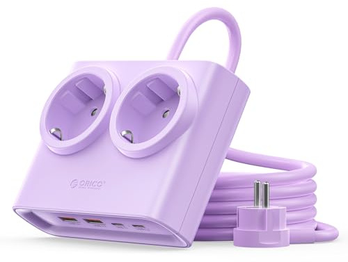 ORICO 25W GaN Mehrfachsteckdose 6-in-1 Lila mit 2 AC und 4 USB (2 USB-C PD), 1,6m Kabel, 2500W Max für Haushalt/Büro (PDC)