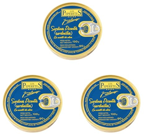 LOS PEPERETES x3 Lata Sardinillas Picantes en Aceite de Oliva 120 g | Sardinas Pequeñas Gourmet Gallegas | Conserva Artesanal en Aceite Picante | Pescado Azul del Atlántico | Sabor Tradicional
