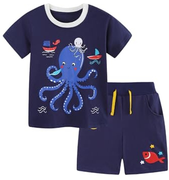 Generisch Conjunto de verano para niños con alegre estampado de mar, dos piezas de camiseta y pantalones cortos, cómodo atuendo con diseño de pulpo para el día a día, Style_m01 Blue, 6-7 Años