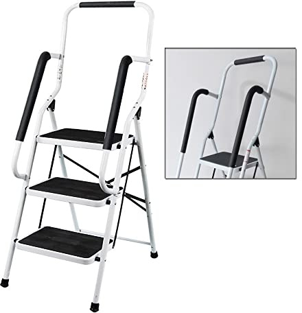 3-stufige Stahlleiter, tragbar, zusammenklappbar, strapazierfähig, rutschfest, mit Sicherheits-Handlauf, 150 kg Traglast