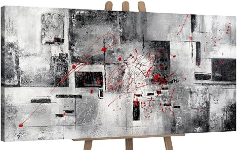 YS-Art Pintura hecha a mano Valor Cuadros contemporáneos colores negro, gris y blanco con líneas rojas Pintado en acrílico 140x70 cm