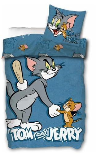SkyBrands Tom und Jerry - Juego de ropa de cama infantil (135 x 200 cm, funda de almohada de 80 x 80 cm, 100% algodón, con cremallera, reversible, para niños y niñas)