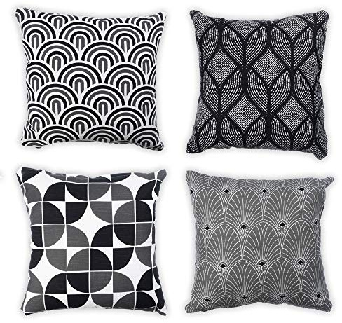 Penguin Home Set of 4 100% Slub Cotton Fabric Cushion Covers 45cm x 45cm Double Sided Square Pillow Covers with Invisible Zipper Pillow Cases for Living Room, Bedroom, Sofa (Grey/Black/White)