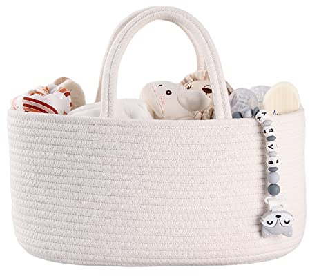 Baby Diaper Caddy Organizer for Girl Boy Cotton Rope Nursery Storage Bin Basket Portable Holder Tote Bag for Changing Table Car Travel Baby Shower Gifts Newborn Essentials Registry Must Haves White