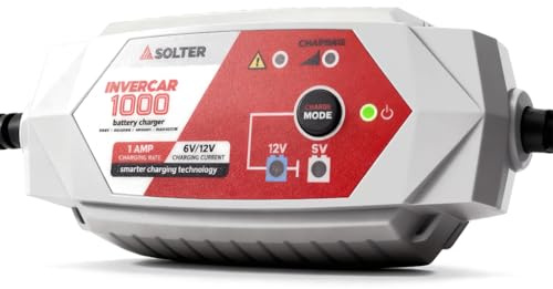 Cargador Inteligente INVERCAR 1000 Solter para baterías PB y Gel, 6V/12V, 8 etapas automáticas, Memoria de Carga, protección IP54, Compacto y con Indicadores LED - Ideal Coche y Moto