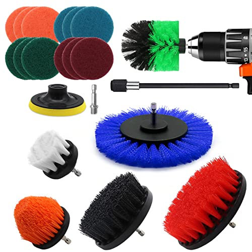 VIBRATITE 20 Pièces Brosse Nettoyage Perceuse, Multifonctionnel Brosse Visseuse Nettoyage Kit pour Salle de Bain, Cuisine, Tapis, Sol, Carreaux, Voiture, Jantes - Multicolore Drill Brush