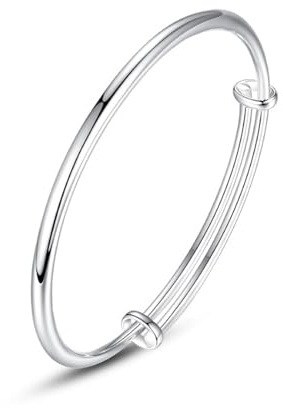 GAUEIOUR Sterling Silver Bangle Bracelets for Women,Fashion Versatile Simple Adjustable Silver Plated Smooth Face Bracelet,Smooth Face Round Belly Push Pull Silver Bracelet