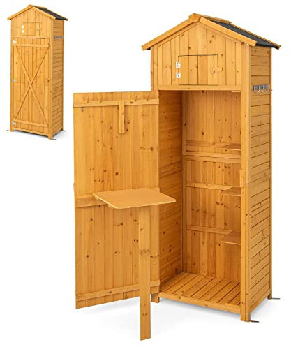 TANGZON 6FT Wooden Garden Shed, Outdoor Storage Small Sheds with Upper Compartment, 3 Detachable Shelves, One-Piece Folding Table, Sloped Asphalt Roof & Lockable Door, Vertical Tool Storage Cabinet