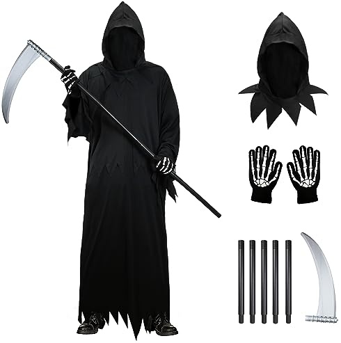 FORMIZON Costume da Mietitore per Adulto, Costume da Grim Reaper, Morte Costume di Halloween, con Cappelli, Guanti, Falci, Veste Fantasma Nero per Uomo, Abiti Mietitore Halloween Carnevale per Adulti
