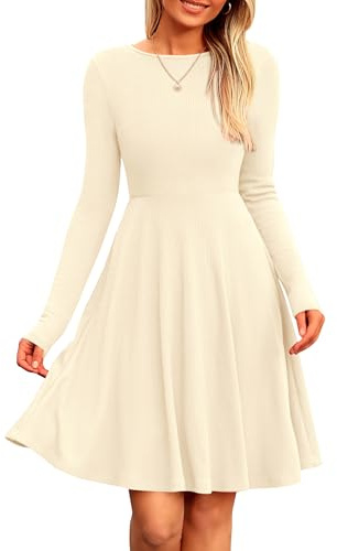 PRETTYGARDEN Women's Fall Short Dress Ribbed Knit Crewneck Long Sleeve A Line Flowy Casual Elegant Going Out Winter Dresses (Beige,Large)