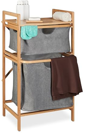 Relaxdays Cesto para Ropa Sucia, Sacos Extraíbles, 2 Compartimentos y Estante, Canasto de Bambú y Tela, Natural/Gris, Algodón, 85 x 44 x 33 cm