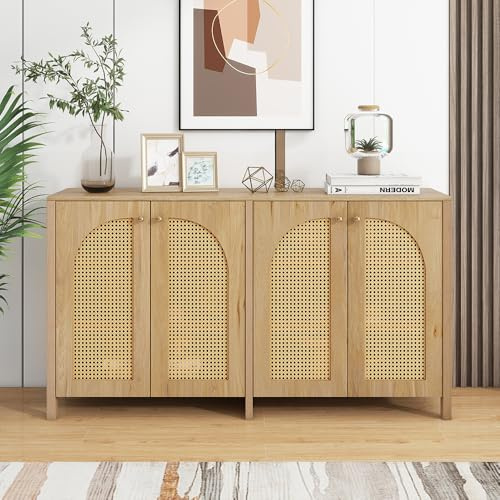 Sweiko Credenza buffet minimaliste moderne avec 4 portes en rotin avec poignées en métal, buffet minimaliste pour salle à manger, salon et cuisine (naturel)