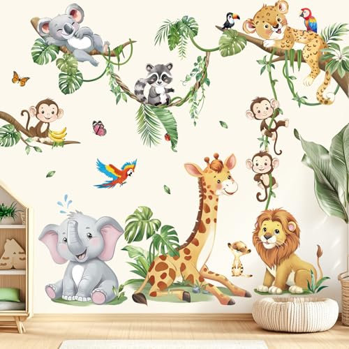 decalmile Safari Animals Tree Branch Wall Stickers Jungle Animals Giraffe Elephant Leopard Tropical Leaves Wall Decals Baby Nursery Kids Room Wall Decor