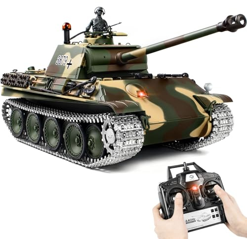 1/16 RC Tank, Heng Long German Panther Type G RC Battle Army Toy with Smoke, Sound, Lights, 2.4G Remote Control Tank That Shoot with Upgraded Metal Tracks, Idler and Sprocket Wheel, Steel Gearbox