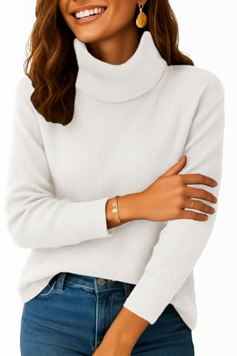 Zeagoo Dampolotröja, vinter, stickad tröja, polotröja, tröja, elegant, långärmad tröja, polotröja, höst, toppar, bastoppar, ledig, S–XXL, Vit, XXL