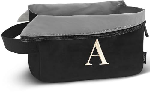 A-Z BAG Beauty case da viaggio con apertura ampia, impermeabile, borsa organizer per la rasatura da palestra, borsa per il trucco personalizzata da donna (A, Nero)
