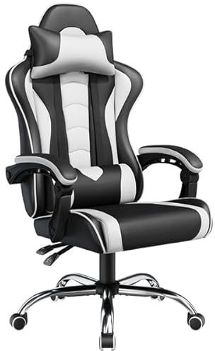 Yaheetech Sedia Gaming Ergonomica Massaggiante Senza Poggiapiedi Bianco | Poltrona Gamer in Finta Pelle, Schienale Reclinabile, con Ruote e Braccioli, Poggiatesta, Supporto Lombare,Portata 150 kg