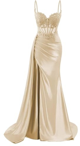 KIYNE Abito da sera in raso con spalline sottili con applique in pizzo a sirena abito da festa formale corsetto abito da sera, Champagne, 48