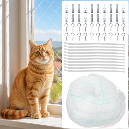 Filet pour Chat pour Balcon sans Perçage - 3 x 6 m - Filet de Balcon en Nylon Transparent - Robuste, Résistant aux Morsures et aux UV - avec Serre-câbles et Crochets à vis | Robuste, résistant aux morsures et aux UV, avec serre-câbles et crochets à vis