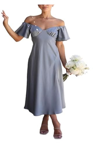 Satinklänning, satin, kortärmad, sexig, off-shoulder-klänning, ledig, lös, split sommar, slash hals, rygglös formell för fester