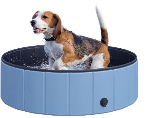 PawHut Hundepool Planschbecken Schwimmbecken Schwimmbad Hundebad, PVC+Holz, Blau/Rot, Φ100x30cm (Hellblau+Dunkelblau)