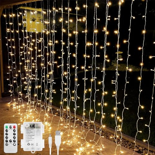 Lepro LE Curtain Lights Battery Powered, 3m x 3m 300 LEDs, 8 Modes & Timer, Warm White Fairy Curtain Lights, USB Plug, Remote Control, Suit for Room Decorations, Birthday, Party, Wedding, Gazebo