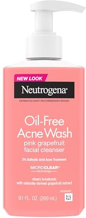 Neutrogena Oil-Free Acne Wash Pink Grapefruit Facial Cleanser - with Salicylic Acid for Clear Skin, Daily Face Wash for Oily & Acne-Prone Skin, Deep Cleansing Treatment, 9.1 fl. oz. Bottle