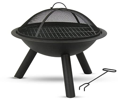 MaxxGarden Brasero Cheminée Foyer Exterieur - Ø56cm - Bol de Feu avec Grille pour Le Jardin, Terrasse Patio - Noir