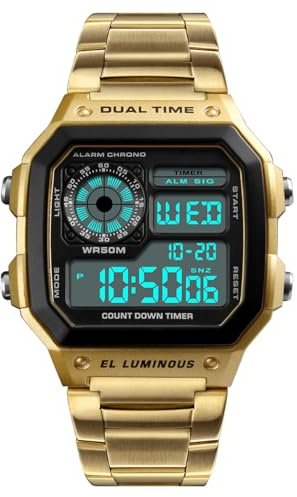 Montre pour homme tendance dorée multifonction étanche avec chronographe numérique LED en acier inoxydable, doré, Chronographe, numérique
