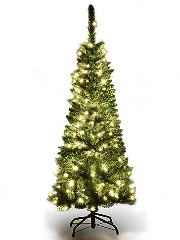 COSTWAY Albero di Natale 135/200/225 cm, Albero di Natale Slim con 150/250/350 Luci a LED Calde, 226/708/1085 Rami Folti e Base di Metallo, Ideale per Casa, Ufficio e Negozio (135 cm)