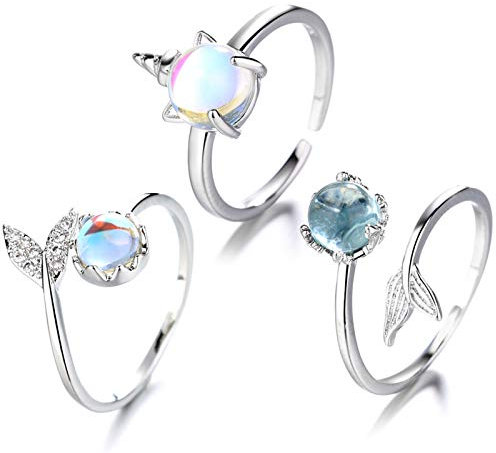 Silber Meerjungfrau Ring für Kinder und Erwachsene - Verstellbar, Party Ringe in Silber und Silberfarben, Meerjungfrau Schmuck Set mit Ring und Halskette