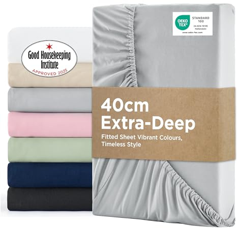 Bedsure Single Fitted Sheet Deep - Bed Sheets Extra Deep Pocket 16 inch (40 cm) made of Soft Brushed Microfiber for Single Bed, Grey, 90x190cm