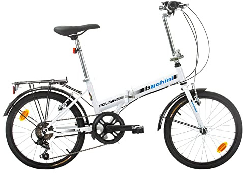 Multibrand Bachini Folding Vélo Pliant Classique 20 Pouces, 6 Vitesses, Frein V-Brake, Garde-Boue, Sonnette, pour Adultes et Adolescents, Convient pour 155–185 cm (Blanc avec Bleu et Noir)