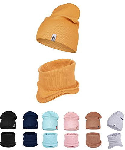 HEYO Kinder Beanie Mütze Schlauchschal Set für Mädchen Jungen Frühling Strickmütze Schal (Senfgelb)