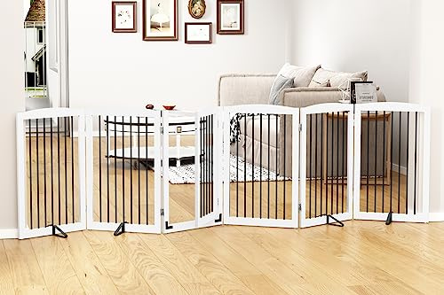 PUPETPO Freestanding Pet Gate with Door, Tall Dog Gate for House, Extra Wide, Pet Puppy Safety Fence, Support Feet Included, 120 Inch Wide, 6 Panels 32 Tall, White & Black