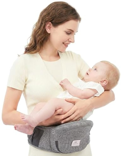 Bebamour Baby Carrier Hip Seat 0-36 Months, 3-in-1 Ergonomic Baby Carrier for Newborn to Toddler, Lightweight Hipseat with Storage Pocket & Wide Waist Support, 3.5-14.9kg, Grey