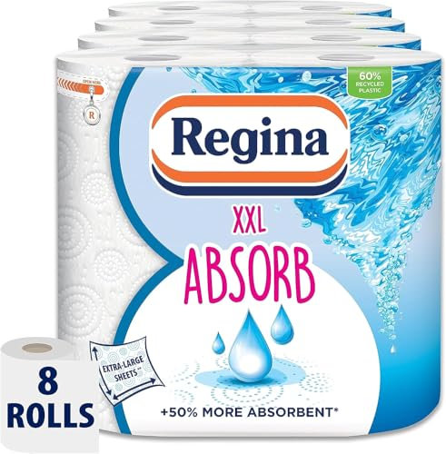 Regina XXL Absorb Kitchen Towels – 8 Rolls Per Pack, Super Absorbent 2-ply Kitchen Towels, 75 Sheets Per Roll, Extra-large Sheets, 50percent More Absorbent Than Previous XXL Products, Easy Open Pack