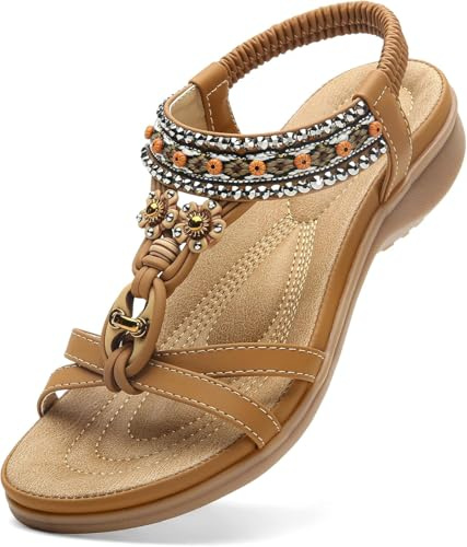 Littleplum Womens Sandals Arch Support Bohemian T-Strap Ankle Elastic Flower Rhinestone Sandals Women's Non Slip Summer Beach Flat Sandals Brown Size 8.5
