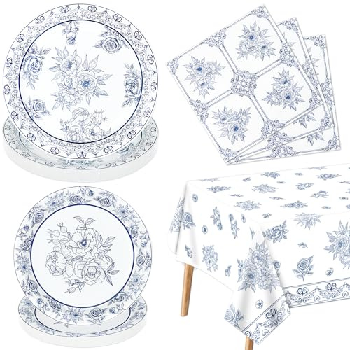 61Pcs Blue and White Flower Party Decorations, Floral Dinnerware Set, Blue and White Porcelain Plates, Napkins, Tablecloth for Bridal Birthday Baby Shower Spring Summer Tea Party Supplies, Serve 20