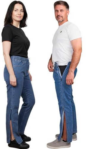 Dobsom Amarillo Reha Hose Damen und Herren | Jeans mit durchgehendem Reischverschluss | Elastischer Bund mit Kordelzug | Grösse XS-5XL Unisex