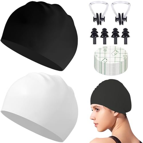 QEEROYO 2 Stück Badekappe, Damen Schwimmkappe, Silikon Badekappe, Unisex-Schwimmkappe, Elastische Badekappen für Erwachsene, Bademütze Langlebige, Badekappen Anti-Rutsch, Schwarz, Weiß
